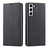QLTYPRI Fodral till Samsung Galaxy S22, premium PU-läderfodral TPU stötfångare med korthållare ställ dold magnetisk adsorption flip plånboksfodral för Samsung Galaxy S22 – svart