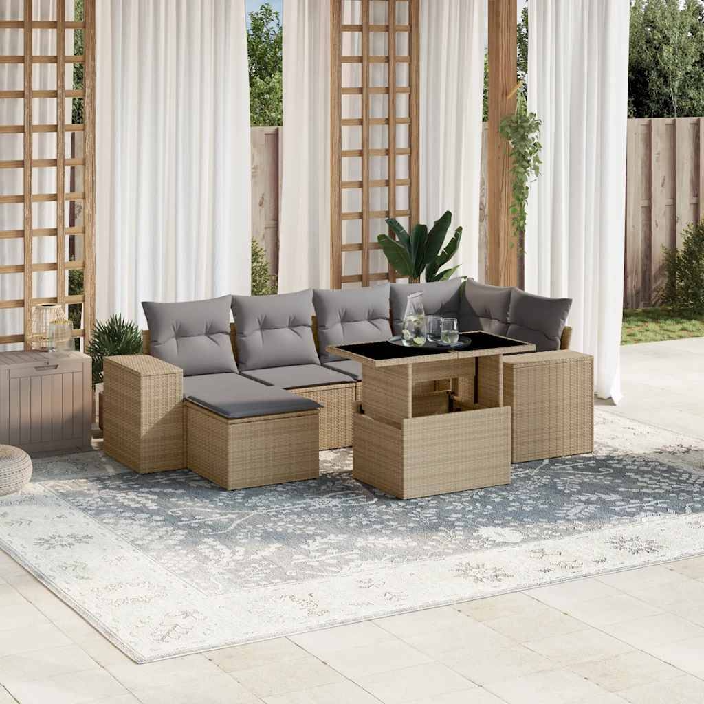 Sofasæt Til Haven 7 Dele Med Hynder Polyrattan - Beige og grå / Uden opbevaring