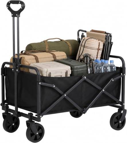 Vikbar vagn med lastkapacitet 300 kg, hopfällbar strandvagn med hjul, vagnar och vagnar teleskopiskt handtag, strandvagn, trädgård och stormarknad svart (stor)