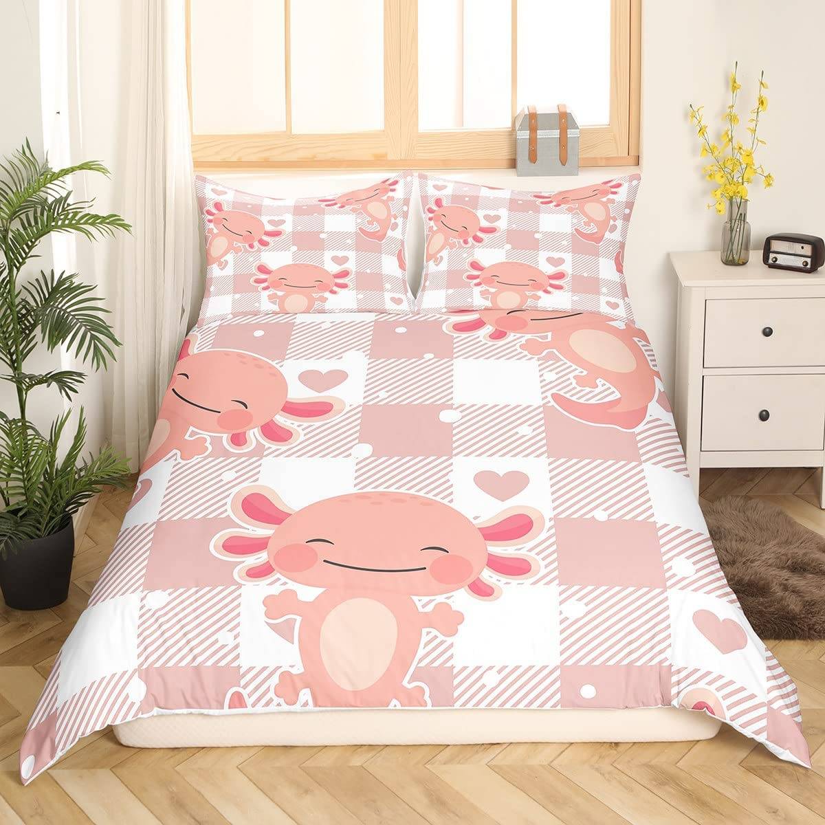 Sött Axolotl Sängklädesset För Pojkar Flickor Kawaii Reptiler Djur Täcke Örngott Tvilling King Size Havsliv Axolotl Påslakan US Full(200x230cm)