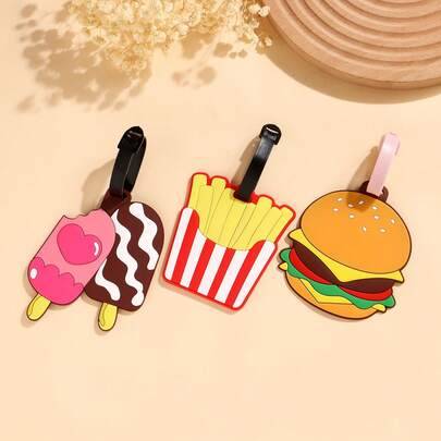 3 st asymmetriska bagagetaggar i PVC med matmotiv, hjärtformad glass, pommes frites och hamburgare, tecknad mjuk gummiberlock, söta asymmetriska bagag - Multifärgad