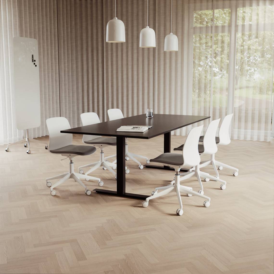 Konferensgrupp Modul + Ergo 006C, Storlek 6 platser (220 cm), Bordsskiva Svart, Underrede Svart, Stol Vit / Ljusgrå