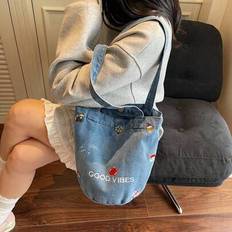 Retro Denim Embroidery Floral Versatile Shoulder Bag, Student Lunchbox Bucket Bag, Cute Underarm Bucket Bag For Women - Baby Blue