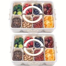 TEMU 2pcs Reusable Snack Containers With Lids And Handles, A Service Tray With 8 Compartments, Lunch, Salads, Vegetables, Fruits, And Snacks, Travel, Camping, And Picnics. Microwave Safe