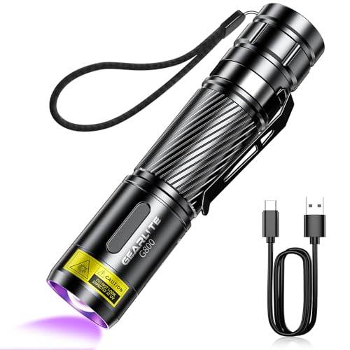 GEARLITE LED UV Taschenlampe Aufladbar, Mini UV Lampe Schwarzlicht Flashlight, 395nm Zoombare Ultraviolettes Licht Torch IP65 Wasserfest für Bernsteinsuche Geocaching Heimtierurindetektoren Falschgeld