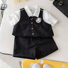 Baby Boy Baby Girl Unisex kortärmad skjorta med krage och knapp, emblem och broderi dekorerad väst, enfärgade shorts med fluga, polisuniform och gentl - Svart (6-9M,9-12M,12-18M,18-24M,2-3Y)