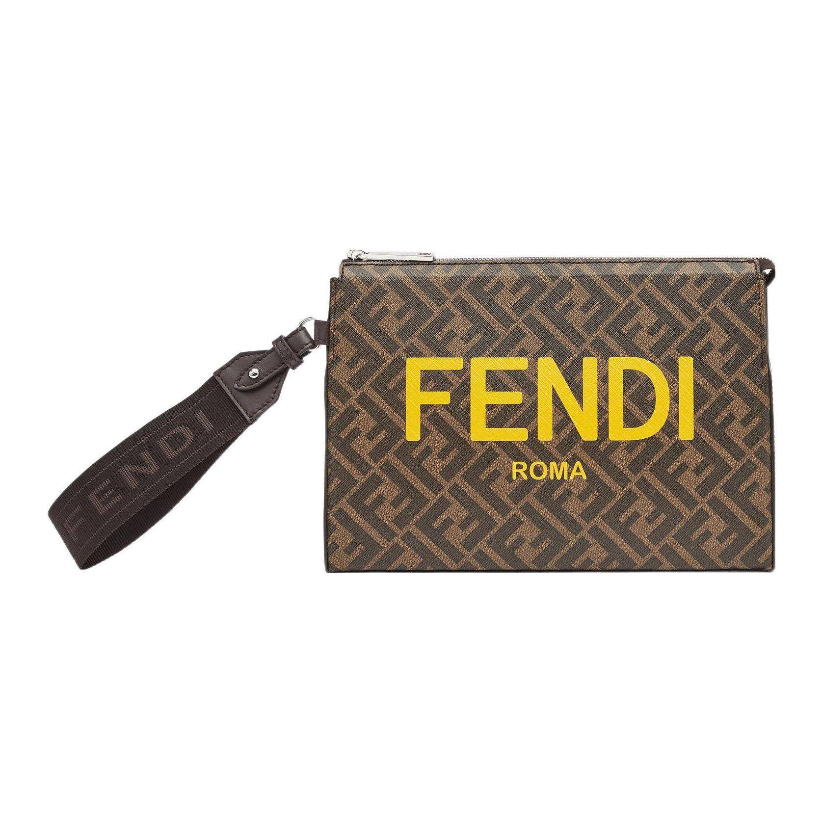 Fendi Monogram Logo FF Zipper Cotton Tote Bag Clutch Men bags Brown 7VA564-AJJ4-F1HR8 Basic Set (Bag+Dust Bag)
