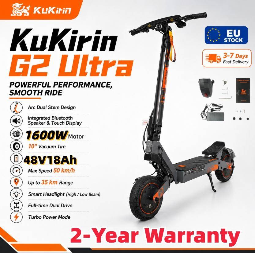 KuKirin G2 Ultra Elsparkcykel 800W*2 48V18Ah, upp till 55 km räckvidd, dubbel fjädring, hopfällbar – För långa sträckor