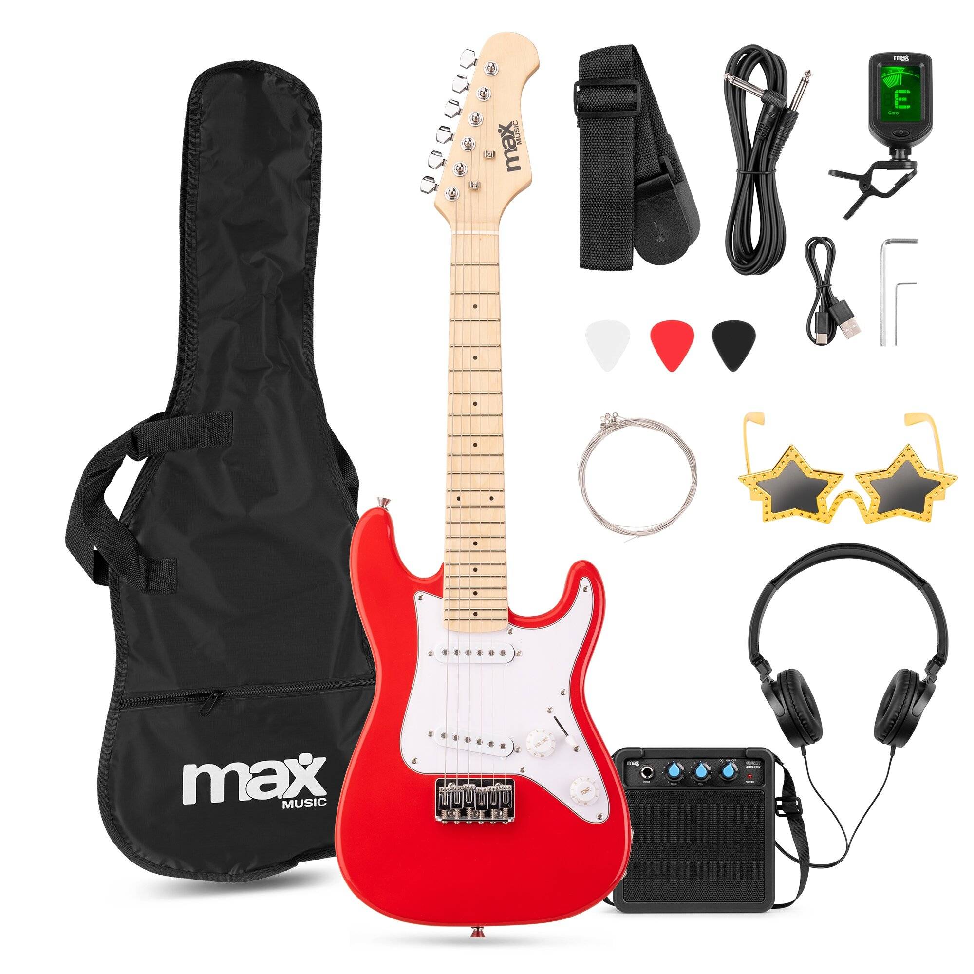 MAX GigKit Junior 1/4 Elgitarrpaket Röd, Kompakt 1/4 elgitarrpaket för yngre barn och nybörjare