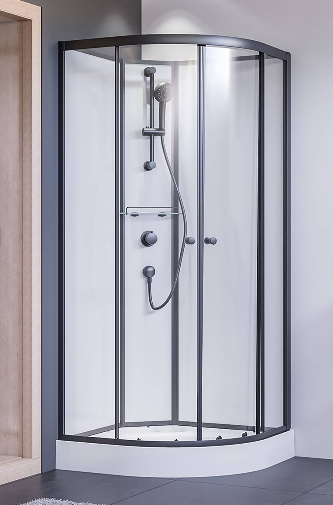 Breuer BR200 - Black edition - Afrundet brusekabine m. skydedøre - 90 x 90 cm