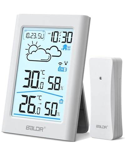 BALDR Väderstation trådlös med utomhussensor, digital DCF-radioklocka, termometer inomhus utomhus, temperaturdisplay luftfuktighetsmätare radio, rumstermometer, hygrometer, väderprognos, väckarklocka