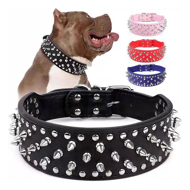 Breddad Spikad Nitad Hundhalsband Anti-bett Justerbart Nitat Läderhalsband för Medelstora Stora Hundar Husdjurshalsband för Bulldog blå