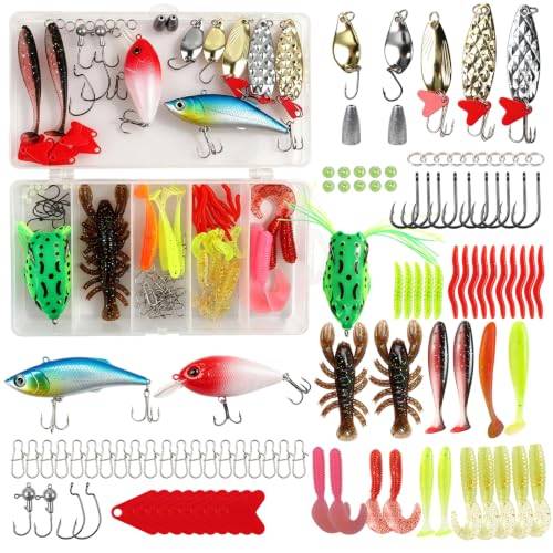 MINGBOLIN Set om 107 fiskedrag med betebox | Blandade konstgjorda beten, mjuka beten, spinners, krokar och tillbehör för abborre, öring och gös
