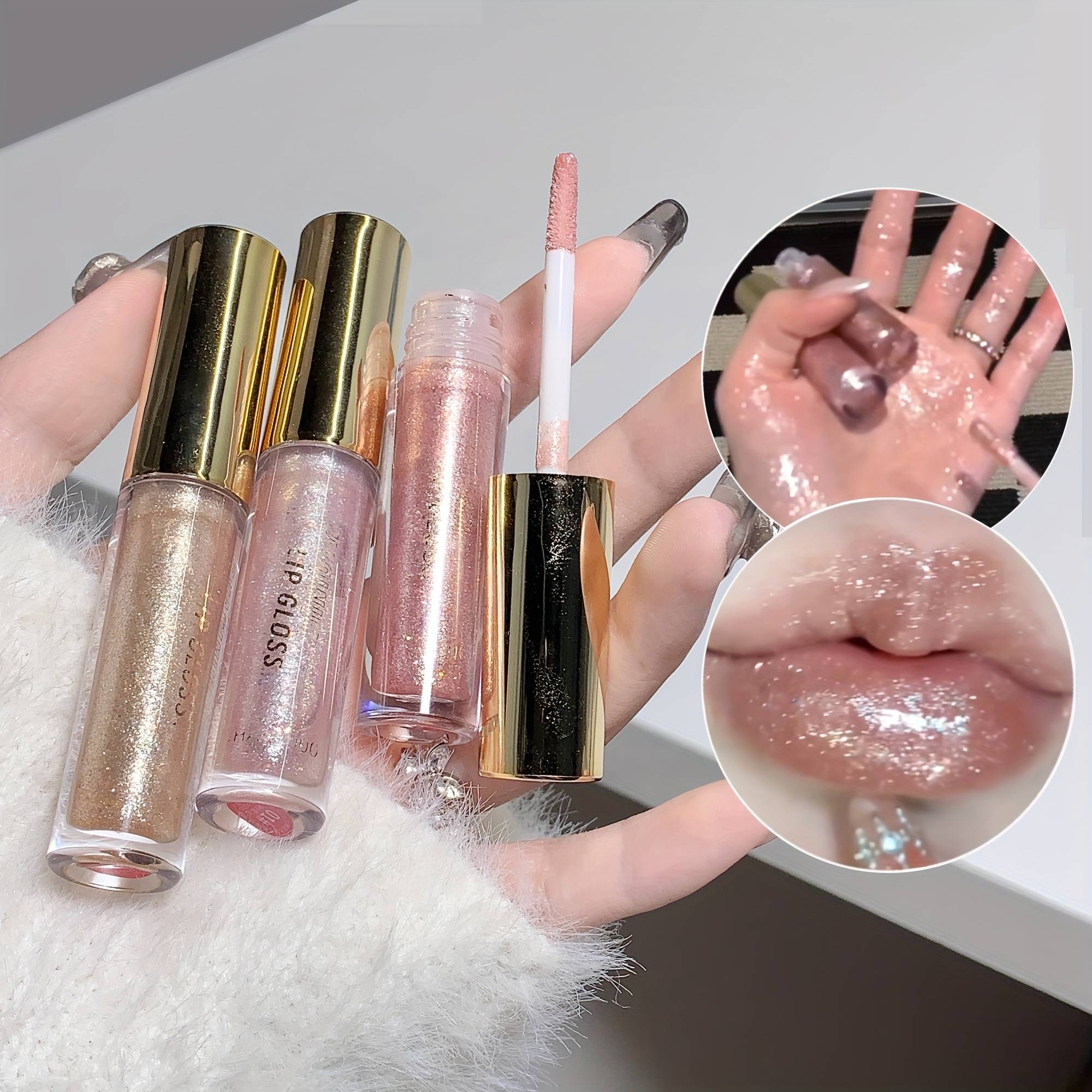 TEMU Water-rich Plumping Glitter Lip Gloss, Lip Glaze, Moisturizing Hydrating Watery Glossy Plumping Lip Balm, Layered Application Gilded Fine Glitter, Pearlescent Galaxy Lip Tint, Tinted Lip Balm
