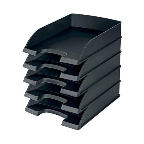 Leitz Briefkorb Standard A4, 5er Pack, Briefablage, Schwarz | Stapelbare Ablagefächer als Schreibtisch-Organizer, Kombinierbar mit Plus-Serie, Schwarz, 52270095