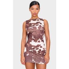 Brown Cow Print Racer Neck Cowl Back Mini Dress, Brown - 12