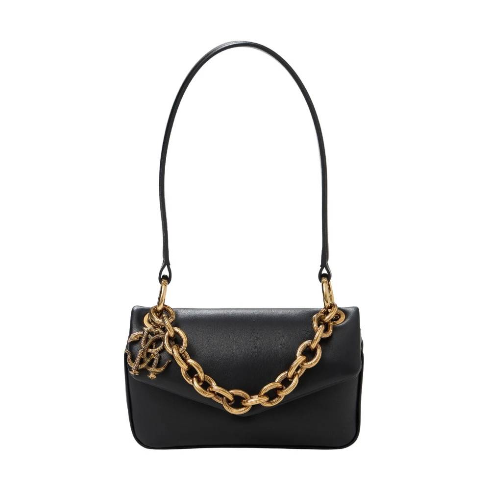 Roberto Cavalli, Tasker , Dame, Sort, ONE SIZE, Uld, Metal Logo Clutch Taske