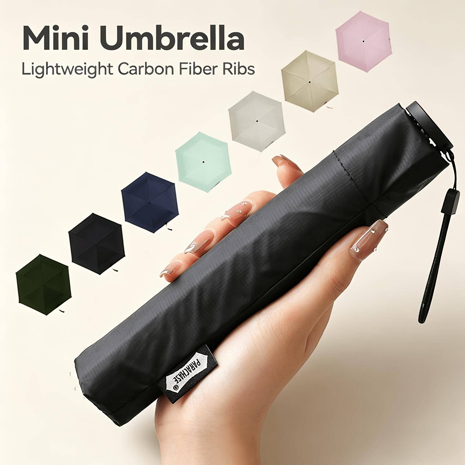 Parachase Ultralätt 111g Kolfiber Fällbar Paraply - UV-skydd Vindtätt Reseparaply med 6R Aluminium-Glas-Ribbor khaki