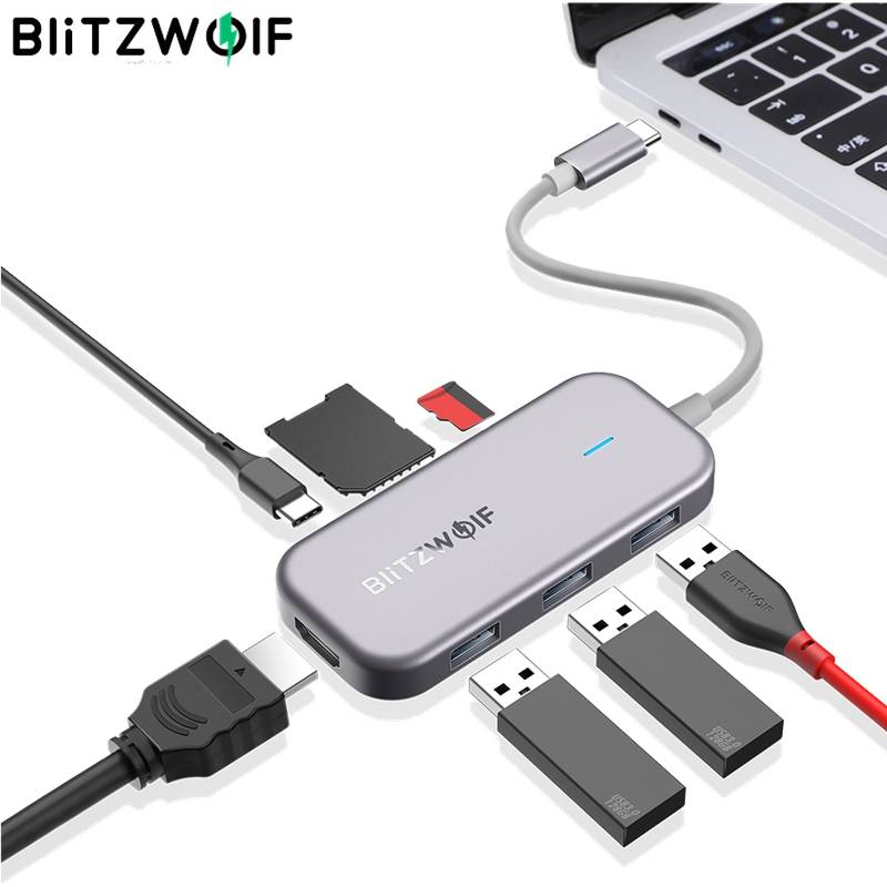 Blitzwolf bw -th5 7 in 1 usb c data hub 3- port usb 3.0 tf kortläsare pd laddning 4k hdmi display för macbooks för ipad laptop