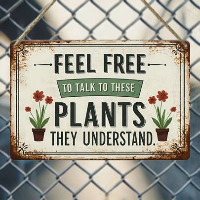 1st vintage träskylt "Feel free to talk to these plants" - lantlig väggdekor med blommig illustration, lämplig för hem, trädgård, café, bar - perfekt - Multifärgad (25*15 cm)