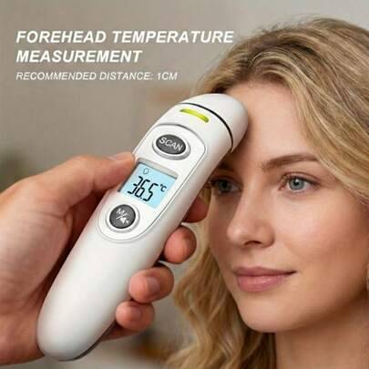 4-i-1 digital beröringsfri panntermometer, LCD-skärm med feberlarm och minnesfunktion, infraröd digital termometer för hälsoövervakning, beröringsfri, - Vitt