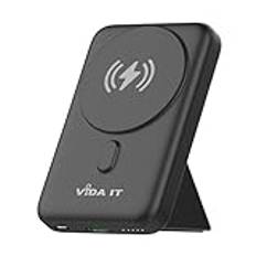 Vida IT Trådlös Magnetisk Powerbank 10000mAh Snabbladdning för Mobil Med Stativ Externt Batteri för iPhone 15/14/13 Pro Max Plus Samsung Android Sony Xperia Portabel Laddare USB Typ C Wireless Qi 15W