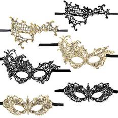 Lusofie 6 st masker för maskeradfest för kvinnor, svart guld maskerad mask spets ögon mask Mardi Gras masker för bal karneval halloween boll kostym fest