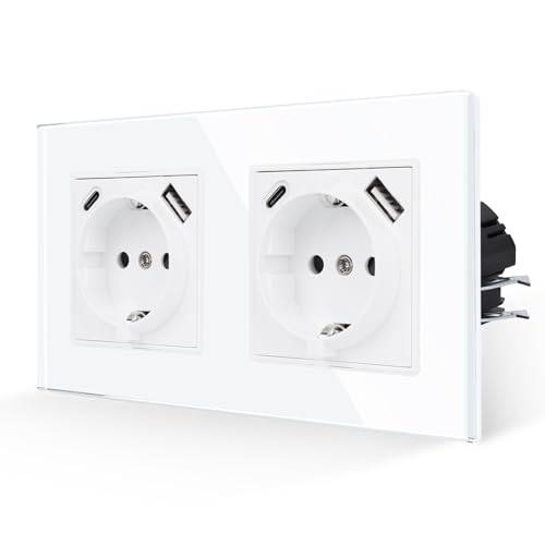 Jimeida Dubbeluttag med USB-A & C, glas, vitt, 16A, 157 x 86 mm