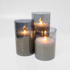 LED Bloklys sæt i røgfarvet glas Ø7,5cm, 3 stk, flammeeffekt - Inkl. fjernbetjening og timer, 10/12,5/15cm høj, ægte stearin