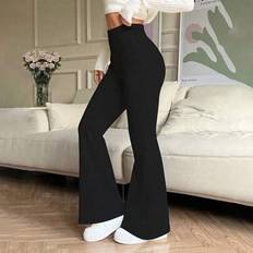 Women&#39;s High Waist Solid Color Flared Sports Yoga Pants Compression Tights Running Workout Bottoms - Black - L,M,S,XL,XXL
