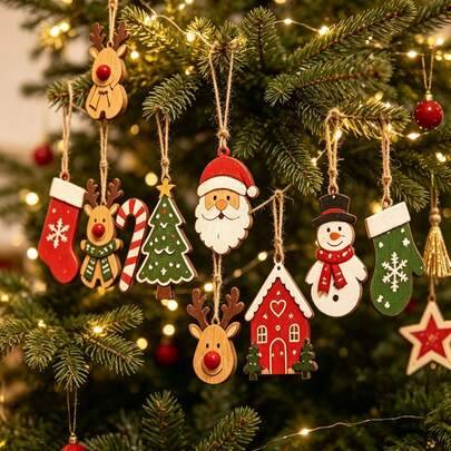 Rustikt julset med hängande prydnader, inkluderar jultomte, ren, snögubbe, julgran, hus, stjärna och julstrumpa, vinterdekoration för hemmet, hängande - Multifärgad (Genomskinlig förvaringspåse,Juldekoration)