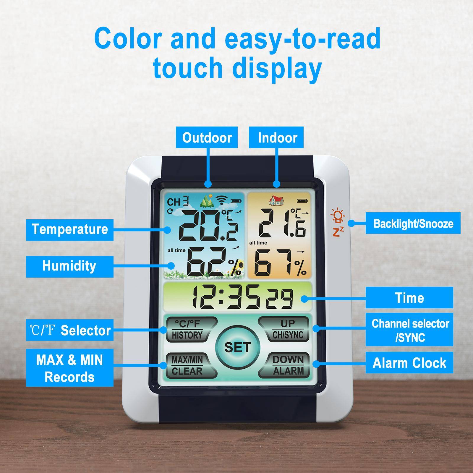 Trådlös inomhus utomhus hygrometer termometer temperatur fuktighetsdisplay monitor digital väderprognos station klocka väckarklocka med färg black