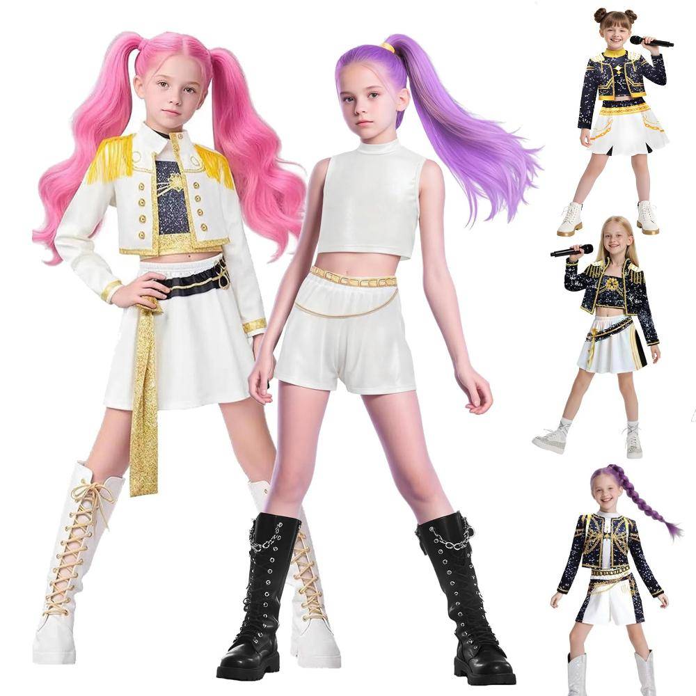 Barn K-Pop Demon Hunters Mira Rumi Zoey Cosplay Kostymset Flickor Uniform Halloweenfest Scen 3D-tryckta Utklädningsdräkter cm black