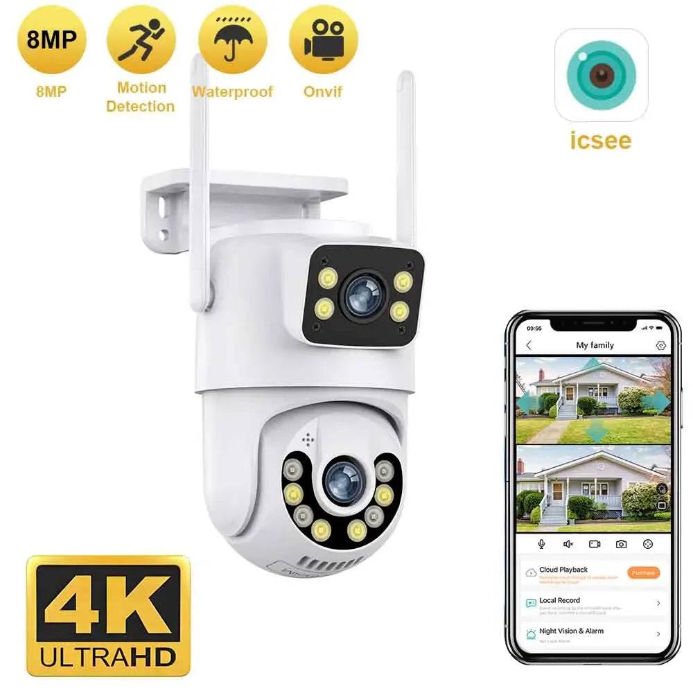 Outdoor Wireless Security IP Camera 4K 8MP HD Dual Lens External Wifi PTZ Camera Auto Tracking Street Surveillance Camera iCsee - 8MP NO SD Card