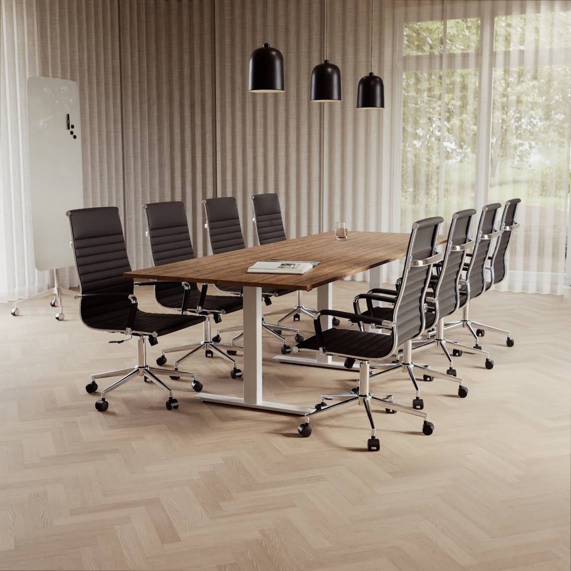 Konferensgrupp Modul + Nevo, Storlek 8 platser (280 cm), Underrede Vit, Färg på stol Svart, konstläder, Färg på bord Valnöt