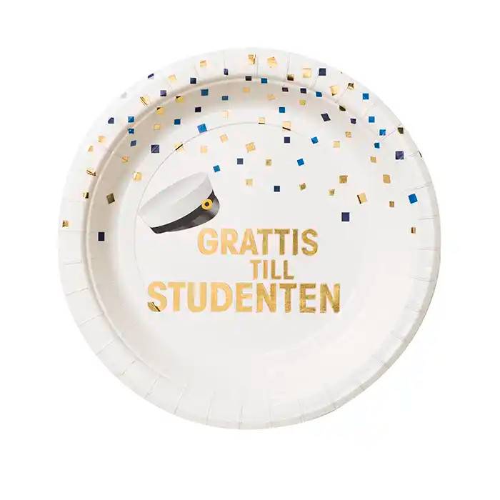 Papperstallrik Student konfetti 19,5 cm - Guld / Blå / Vit