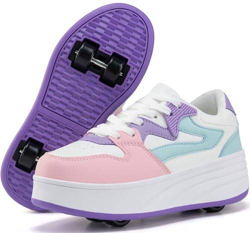 ANEFUN Rullskridskor för barn, pojkar, flickor, sneakers med avtagbara hjul, sportsko, Vit/lila, 29.5 EU