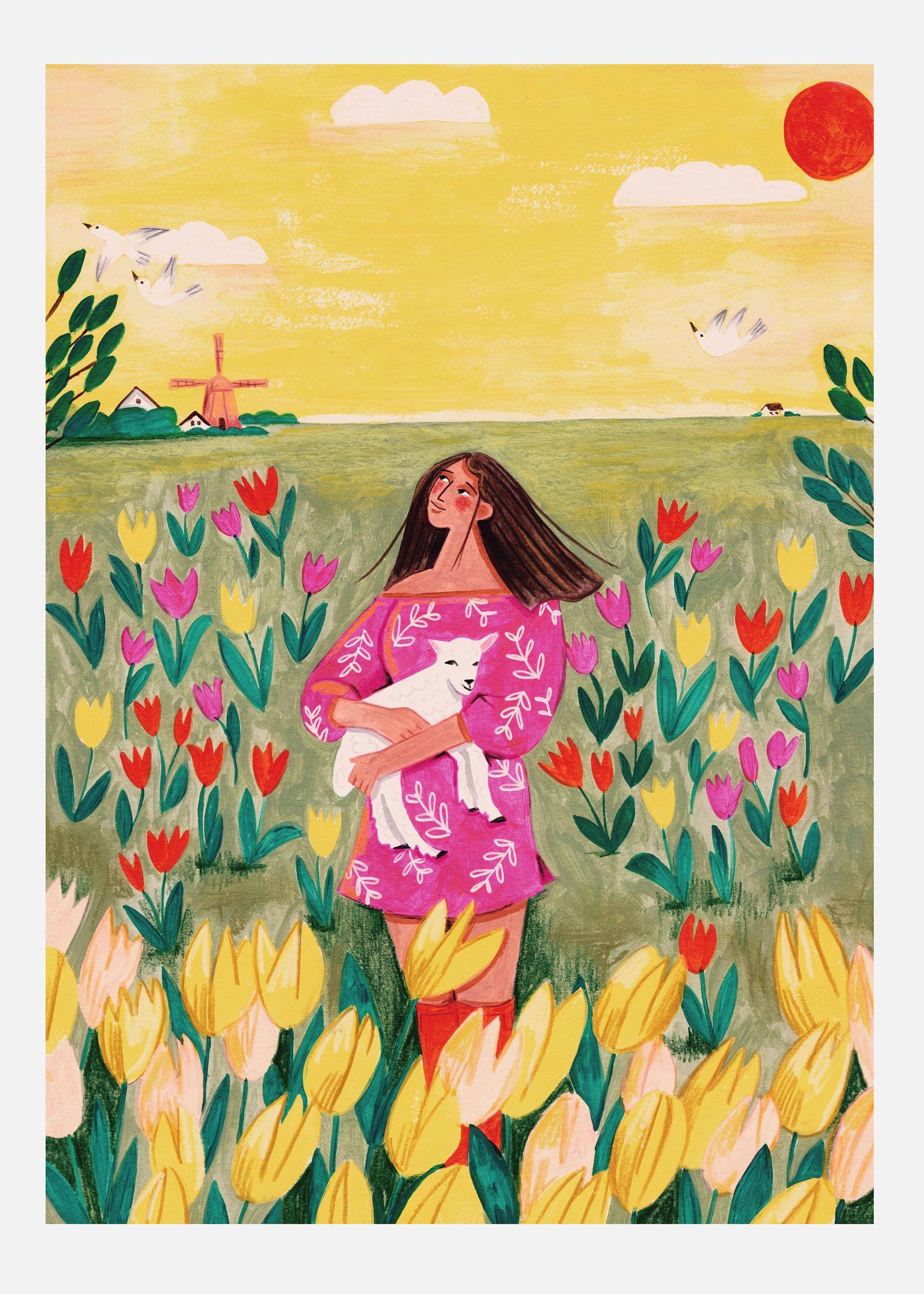 Woman In Spring Tulip Field Canvastavla (100x140 cm)