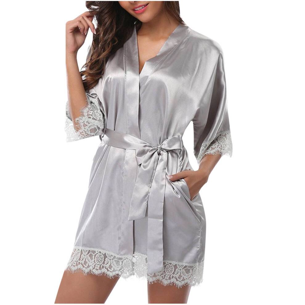 Dame Silkekåbe Kort Blondekant Satinkåbe 3/4 Ærmer Sexet Kimono Brudekåbe Behagelig Nattøj med Lommer