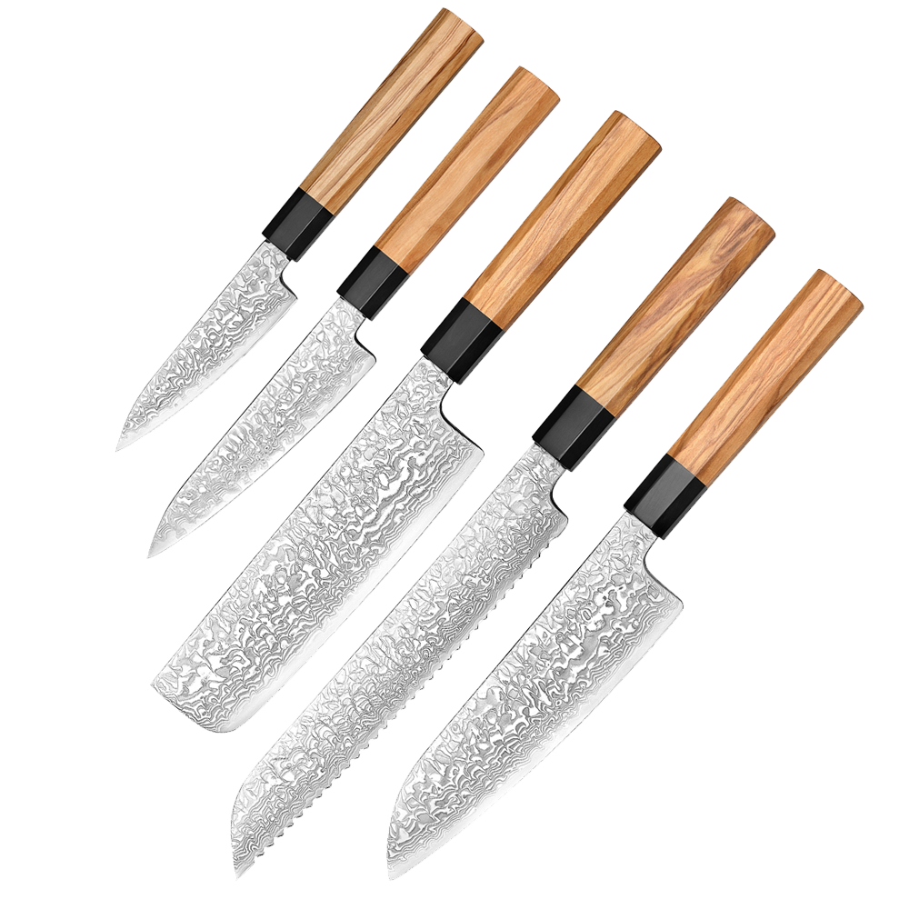 Japansk knivsæt | Paring Petty Nakiri Santoku Brødkniv | Damaskus Yuki-onna.