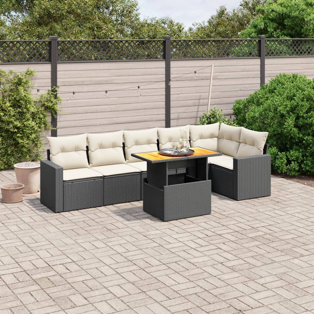 Sofasæt Til Haven 7 Dele Med Hynder Polyrattan - Sort og cremefarvet / 3X midterdel + bord + 3x hjørnedel