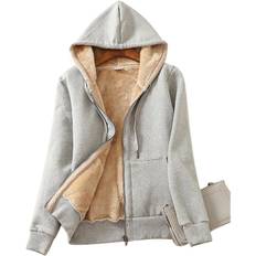 Women's Casual Full Zip Up Sherpa Lined Hoodie Sweatshirt Jacket Plus Size Plush Coat 8XL ljusgrå färg