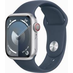 Apple Watch Series 9 Aluminium 41 mm (2023) | GPS + Cellular | sølv | Sportsrem stormblå M/L