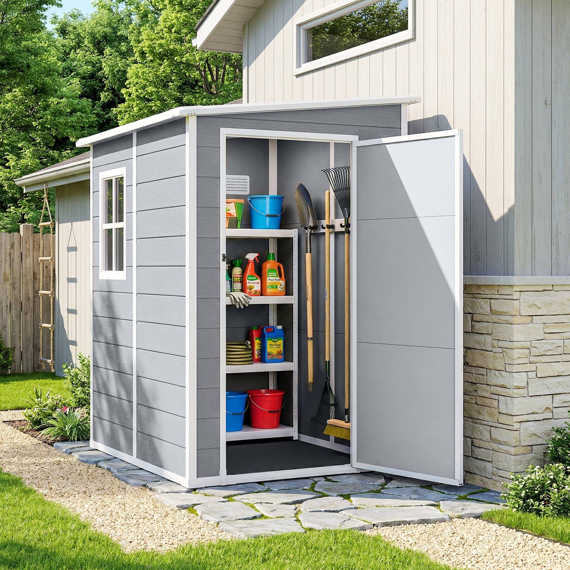 Haveskur 1,54m³, haveskur med nedhængt tag, 122 x 149 x 192/177 cm, redskabsskur med aflåselig dør, vindue, cykelgarage, haveskab i aluminium, til baghaven, have, grå