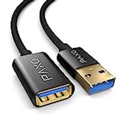 PAXO USB-förlängning 3M, 10 GBIT/s (1,25 GB/s), USB 3.2 Gen2 (3.0, 3.1), USB-förlängningskabel, A-plug på A-socket, svart, tygrock