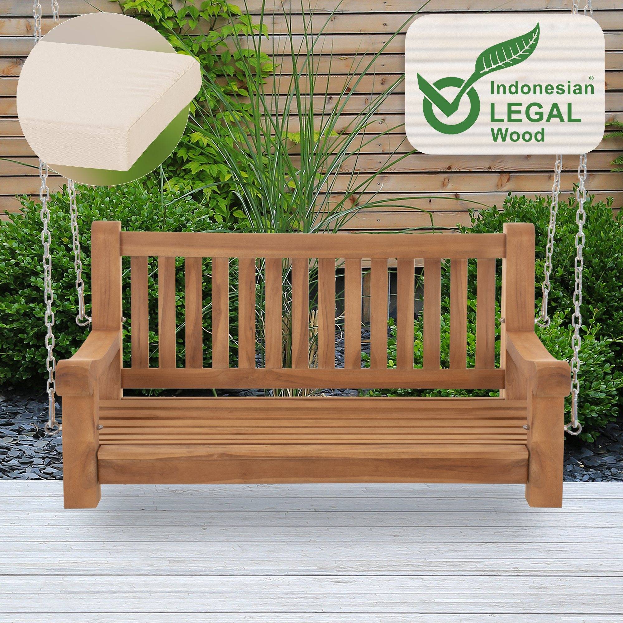 Joyce gungbänk med sittdyna 120 cm + teak, cremefärgad