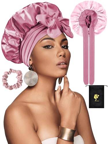 SUTIYO Satin Schlafhaube zum Schlafen, Doppelseitig Seidenhaube Zum Schlafen, Verstellbare Schlafmütze, Haarhaube für Locken, Silk Bonnet für Damen und Mädchen(Rosa/Hell-Rosa)