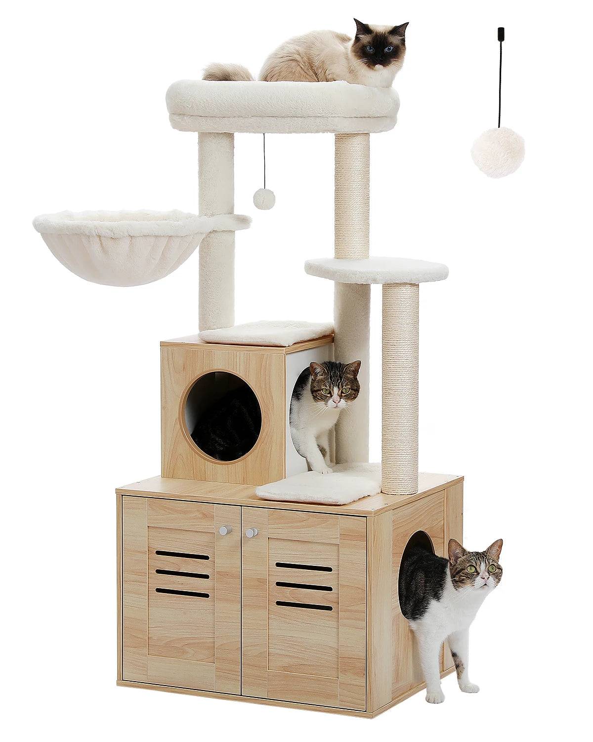Snygga Katträd med inbyggd kattlåda - Klösträd För stora & små katter Biege (127cm)