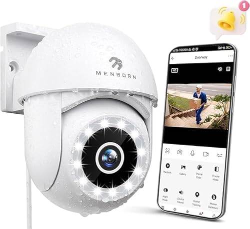 Menborn Überwachungskamera Aussen 2.5K, Kamera Überwachung Außen 360° Sichtbereich mit Starlight Farb-Nachtsicht, IP Kamera Outdoor mit Flutlicht, Zwei-Wege-Audio, Sirene, Funktioniert mit Alexa