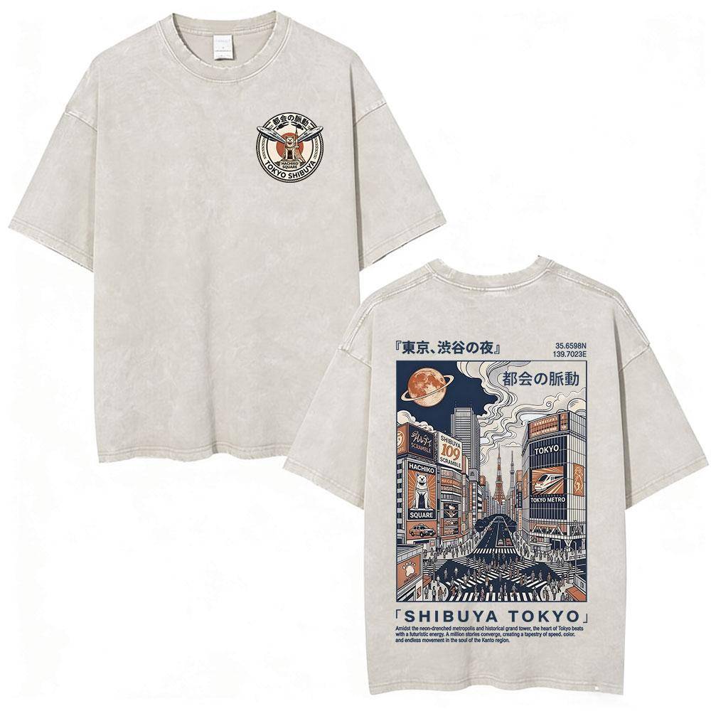 Shibuya Tokyo Illustration Dubbelsidig Tryck T-shirt Vintage Tvättad Japansk Stil Stadsmiljö T-shirt Unisex Bomull Vardagliga T-shirts cm white